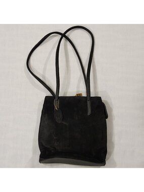 Suede Leather Shoulder Bag Womens Purse Minimalist Tote Black Zip Closure 9"